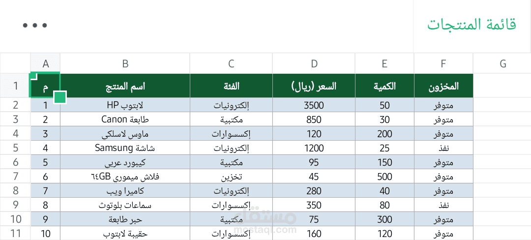 إدخال بيانات المنتجات والمخزون في Excel