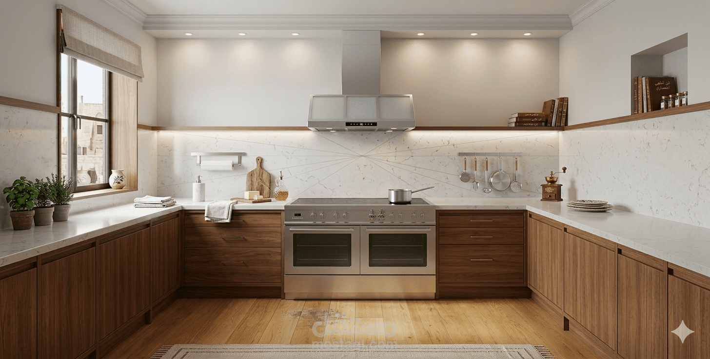 تصميم وإظهار داخلي لمطبخ عصري بنمط (Modern Wood & Marble)