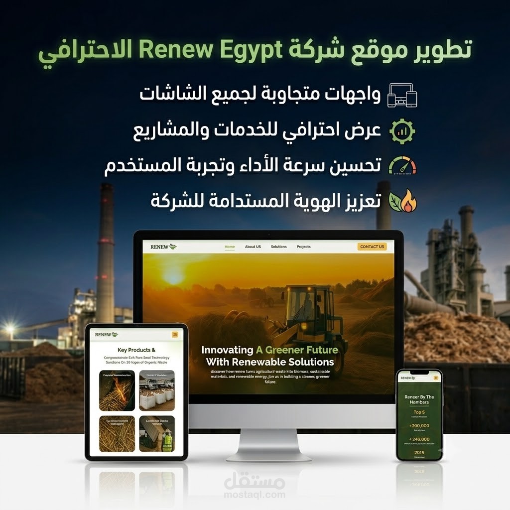 تطوير الموقع الإلكتروني لشركة Renew Egypt المتخصصة في الاستدامة والطاقة المتجددة.