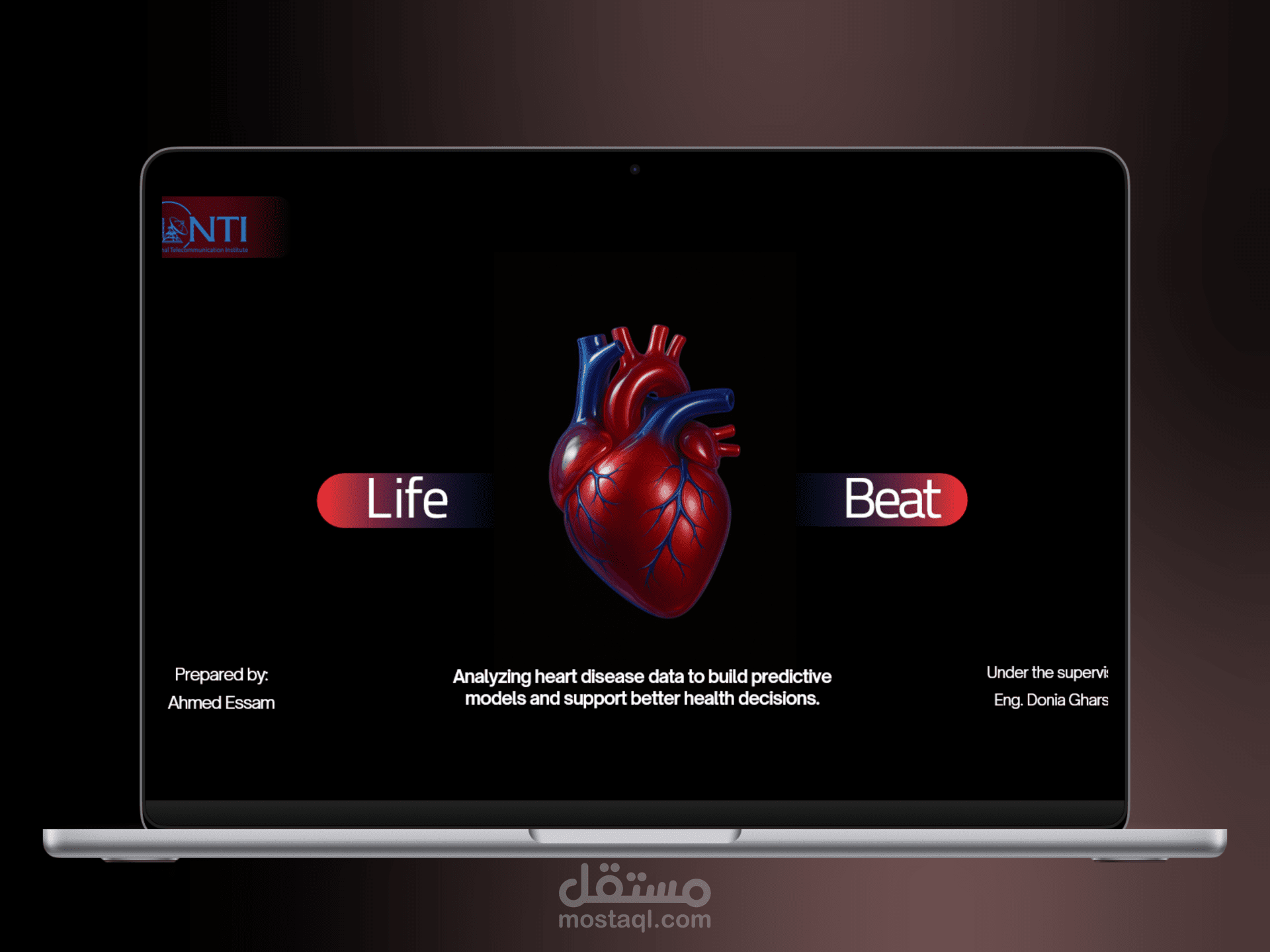 تصميم عرض تقديمي احترافي لمشروع تحليل بيانات وتنبؤ طبي (Heart Disease Prediction).