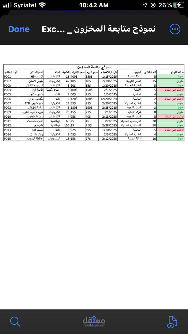نموذج متابعة المخزون _ Excel