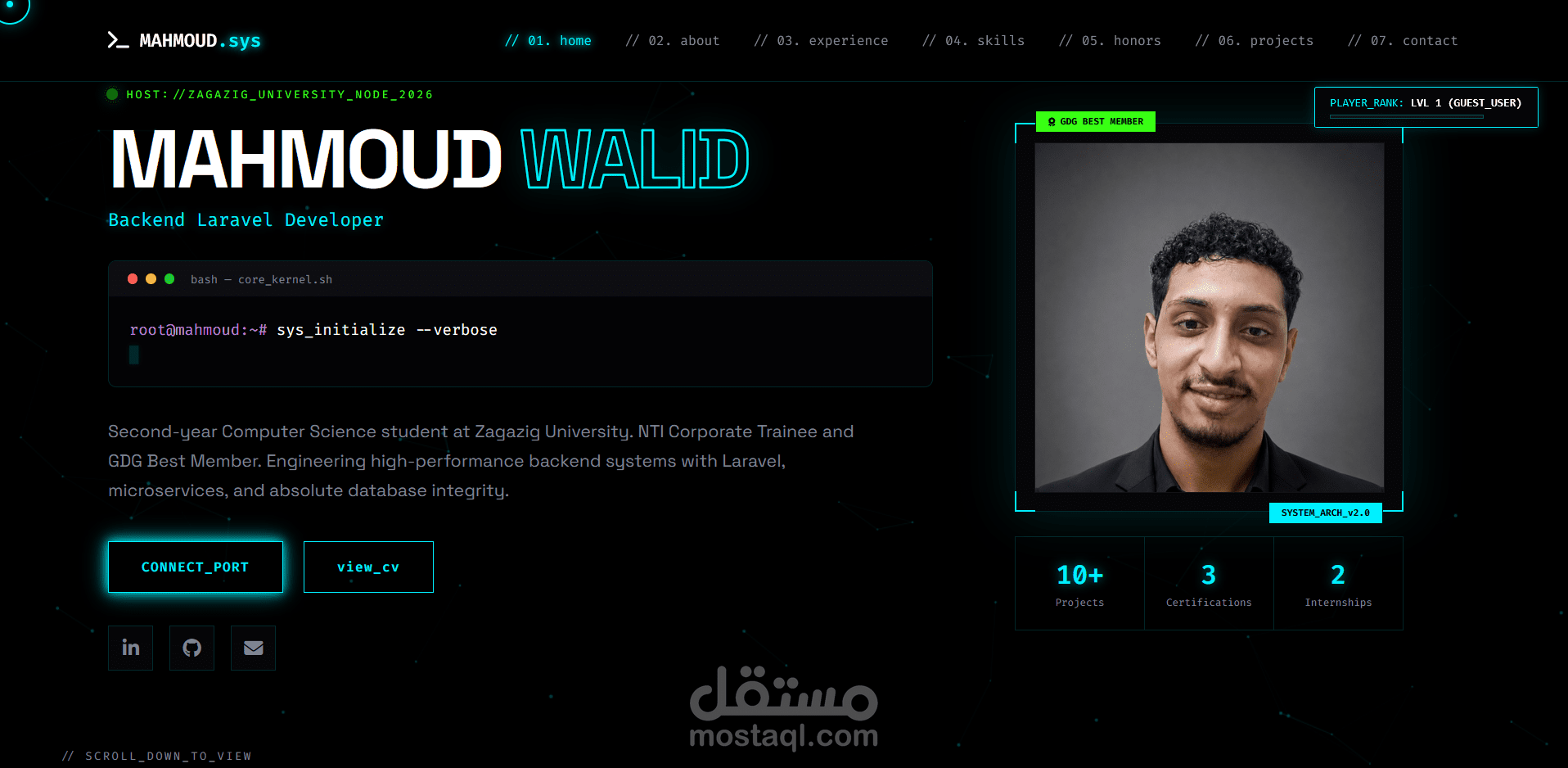 تصميم وتطوير موقع شخصي تفاعلي لمطور Backend