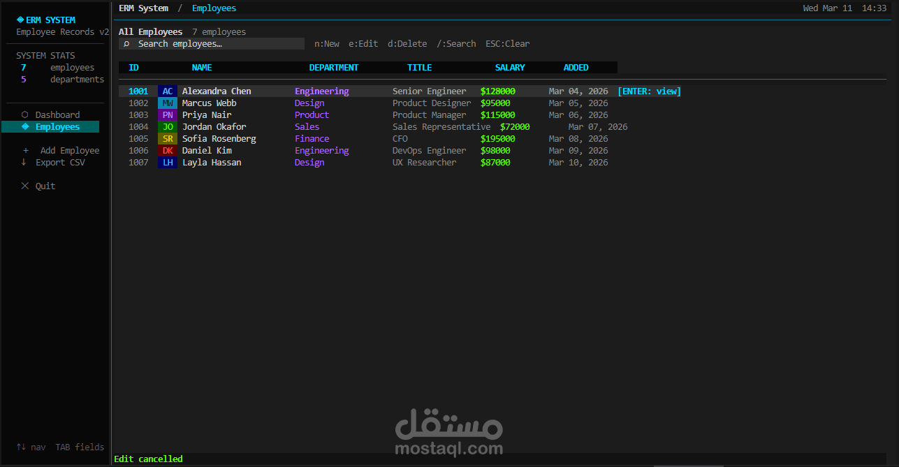 نظام إدارة سجلات الموظفين (CLI) بلغة C باستخدام القوائم المترابطة (Linked Lists)
