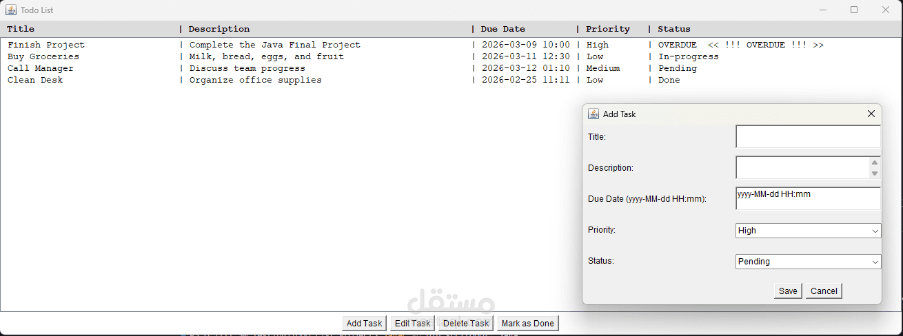 تطبيق Todo List مكتبي بلغة Java مع نظام تنبيهات تلقائي