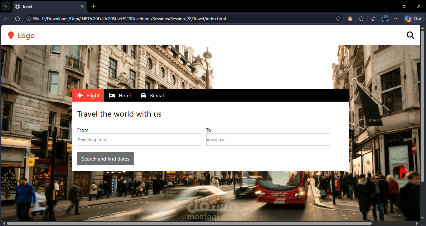 واجهة مستخدم لمنصة حجوزات سياحية (Travel Booking UI Template).