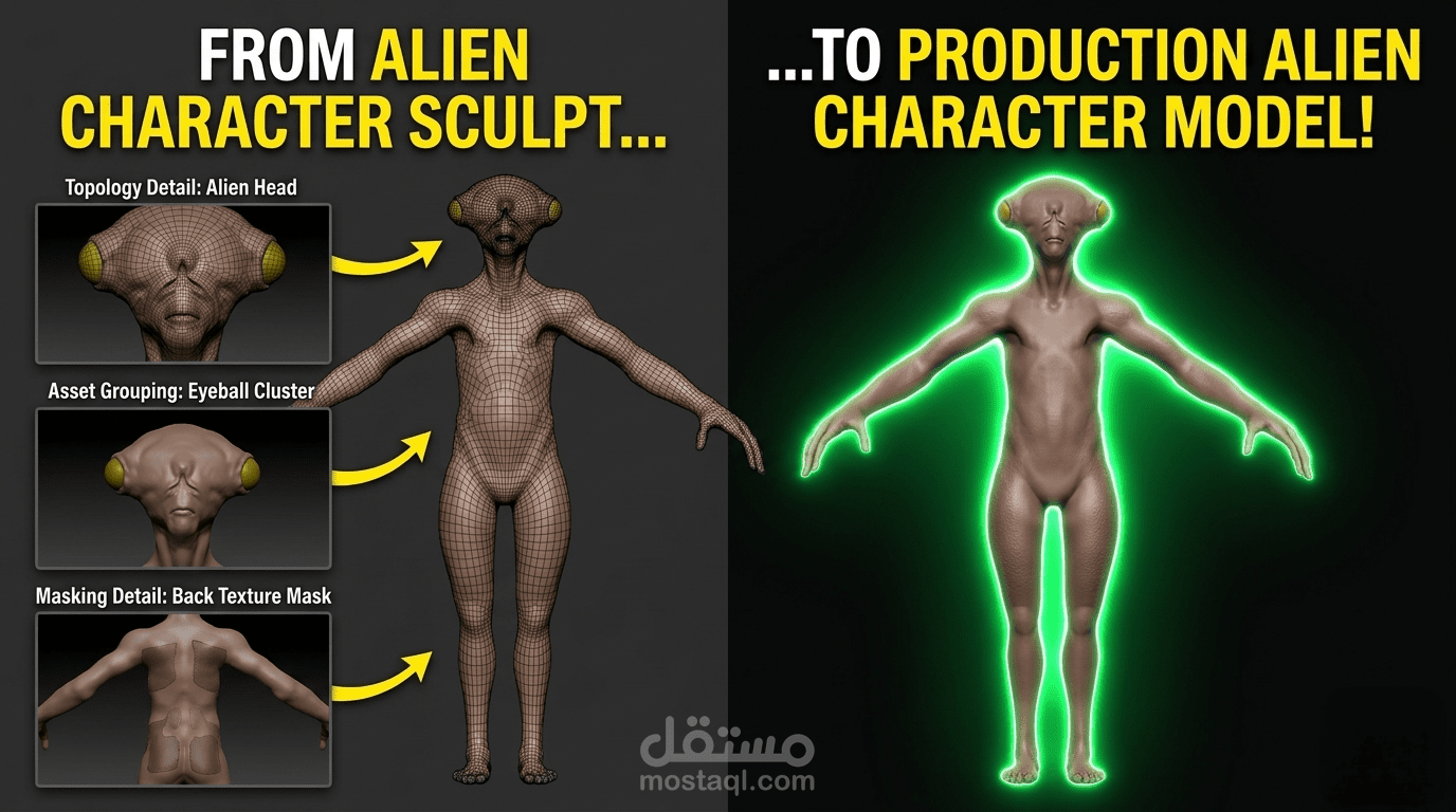 تصميم شخصية ثلاثية الأبعاد (Alien Character) باستخدام ZBrush مع إخراج جاهز للإنتاج