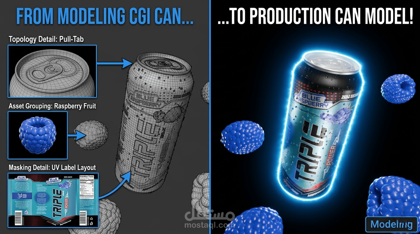 تصميم وإخراج فيديو إعلاني ثلاثي الأبعاد (CGI) لمشروب طاقة بطعم التوت الأزرق