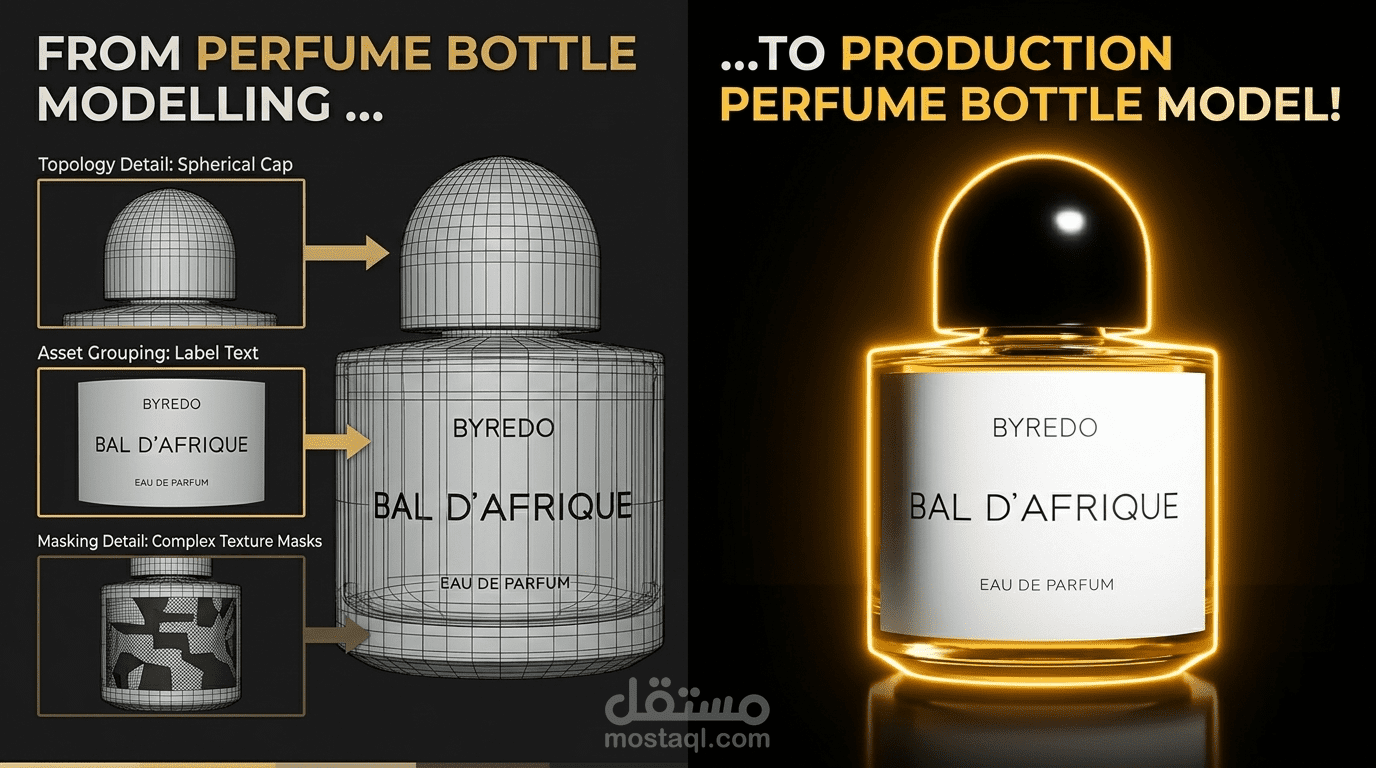 إخراج فني وإعلان بصرية ثلاثية الأبعاد (CGI) لمنتجات العطور الفاخرة