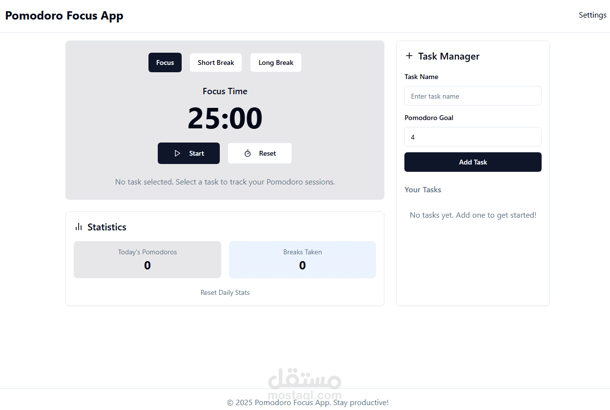 تطبيق ويب متكامل لإنتاجية العمل وإدارة الوقت (Pomodoro App)