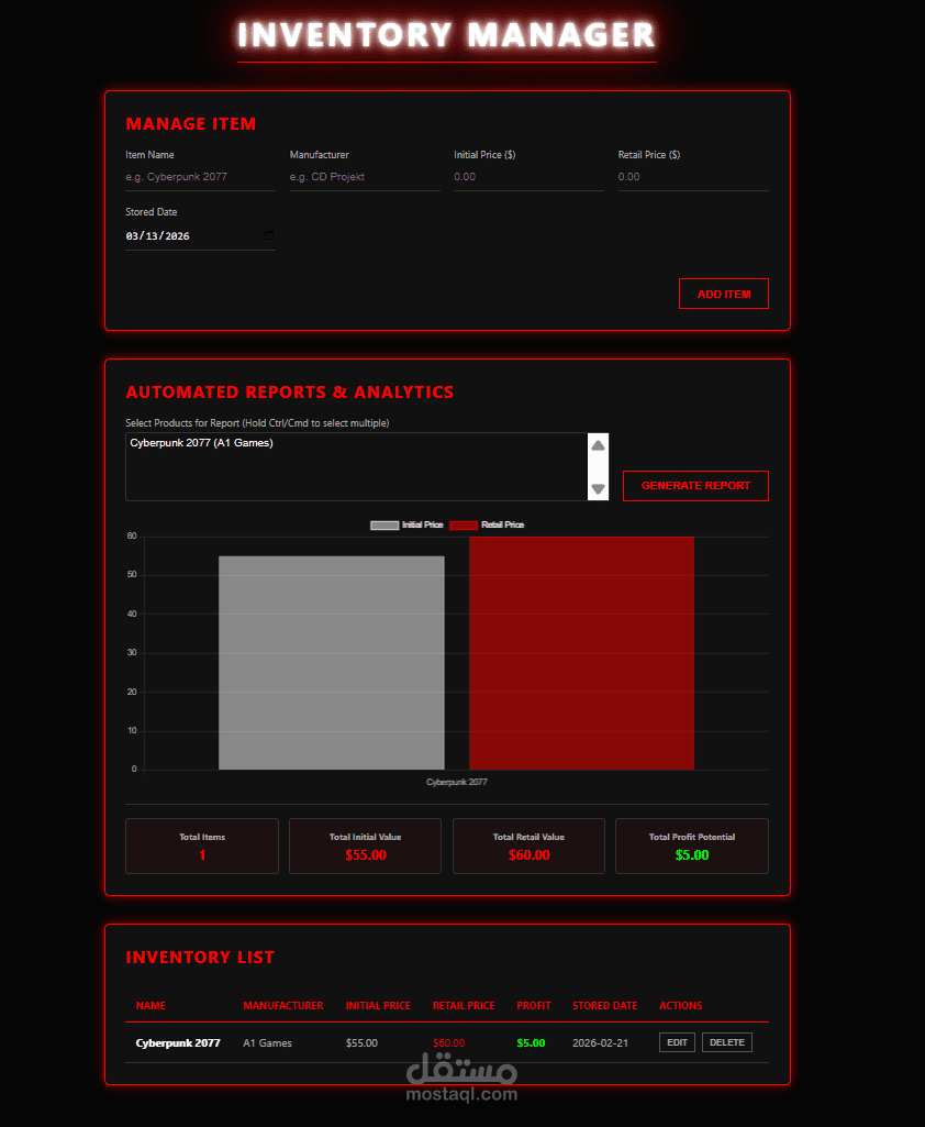 Dark themed Data entry web app