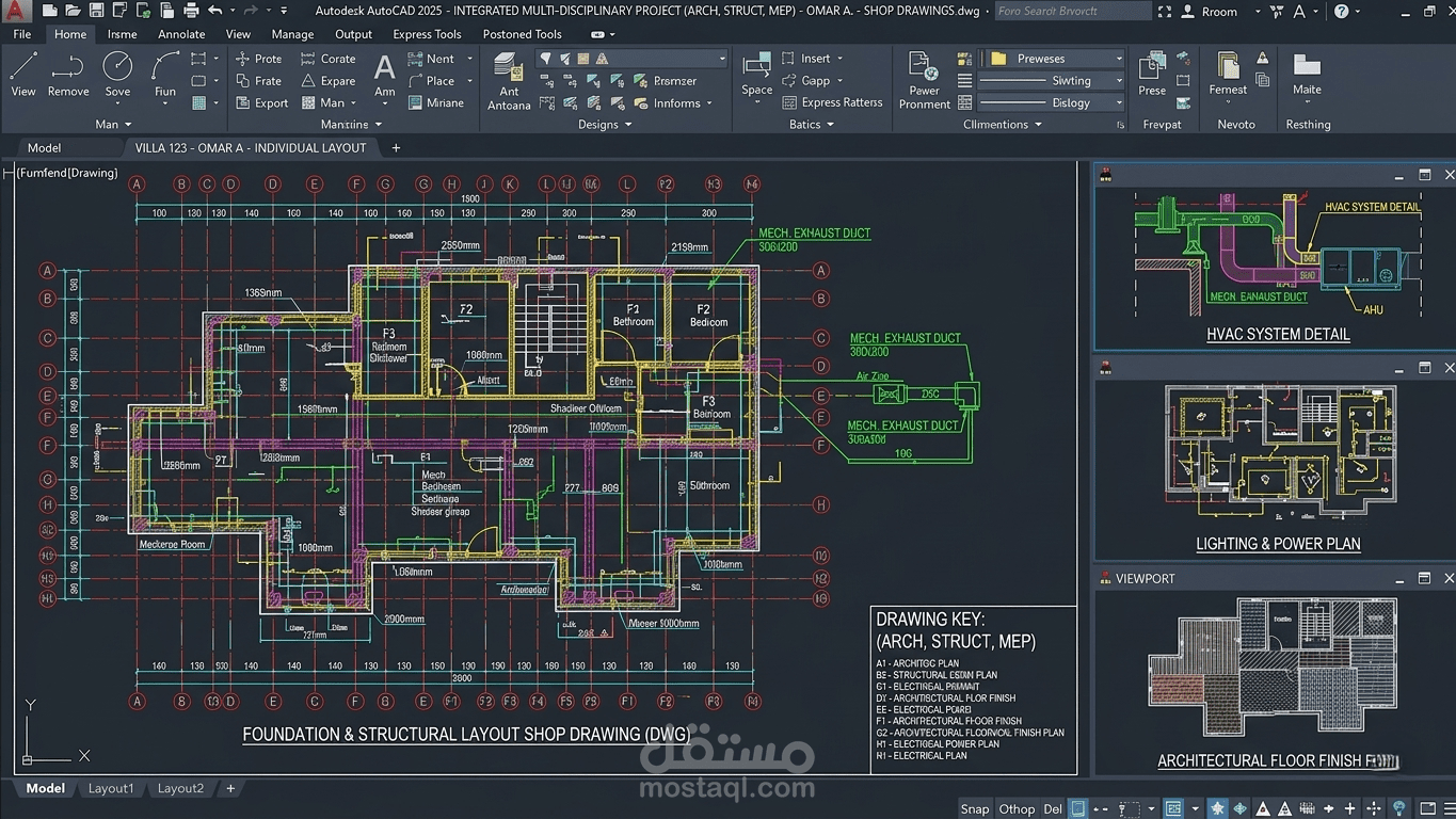 مخططات Shop Drawings هندسية شاملة (معماري، إنشائي، ميكانيك) بجودة احترافية.