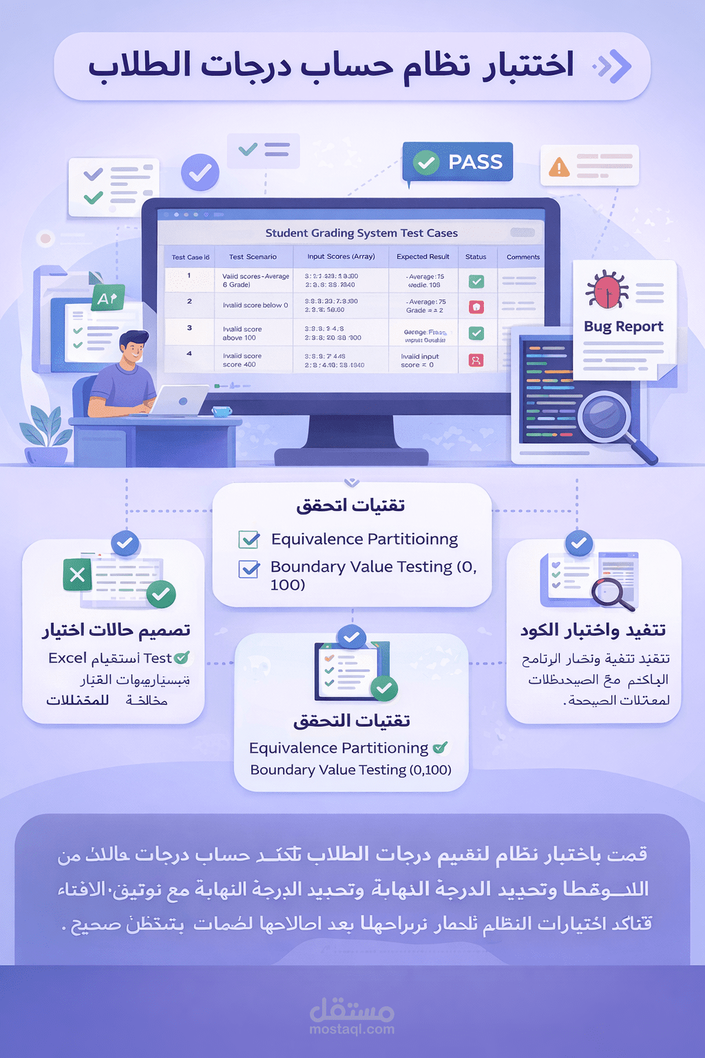 تصميم حالات اختبار وتقارير الأخطاء لنظام درجات الطلاب