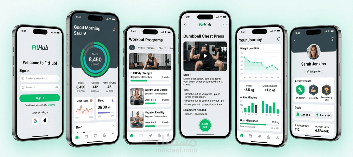 تصميم تطبيق رياضي FitHub