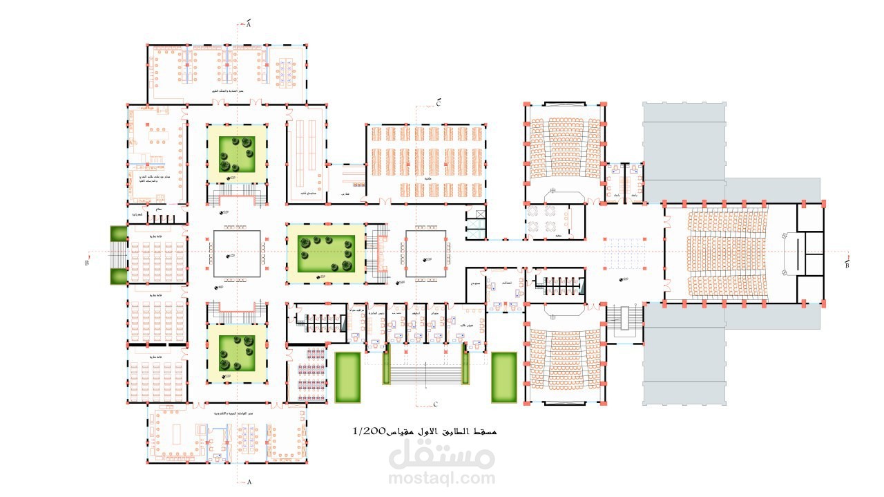 تصميم مساقط أفقية ومعمارية متكاملة لمبنى تعليمي/إداري.