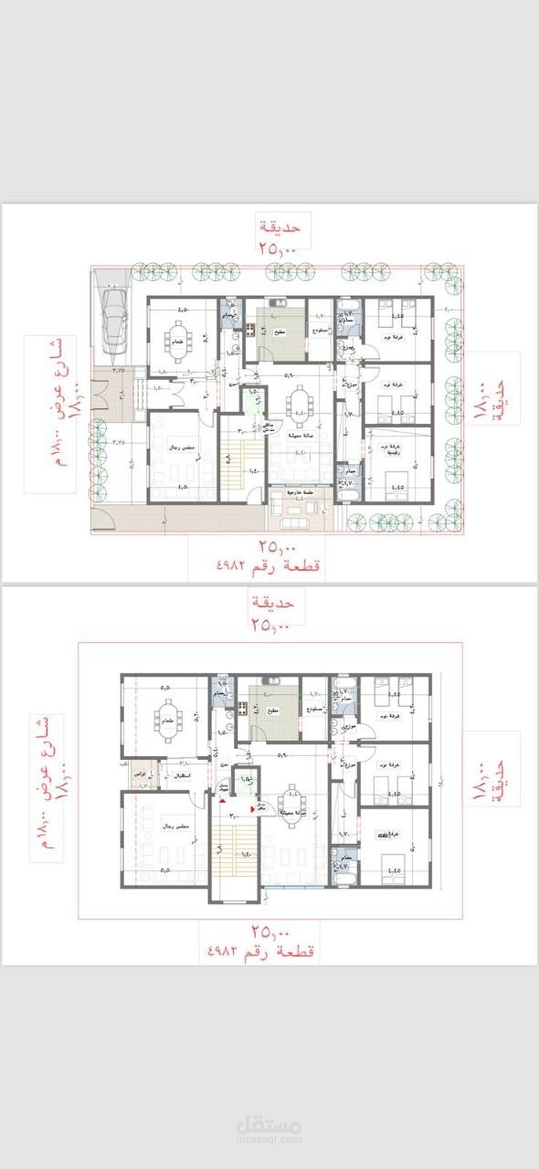 تصميم فيلا سكنية دورين - مخططات معمارية متكاملة (أرضي + أول).