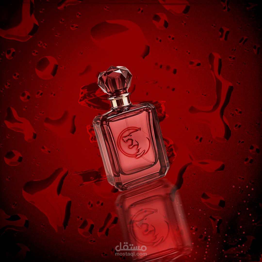 تصميم إعلاني لزجاجة عطر فاخر – مفهوم الجرأة والفخامة الحمراء