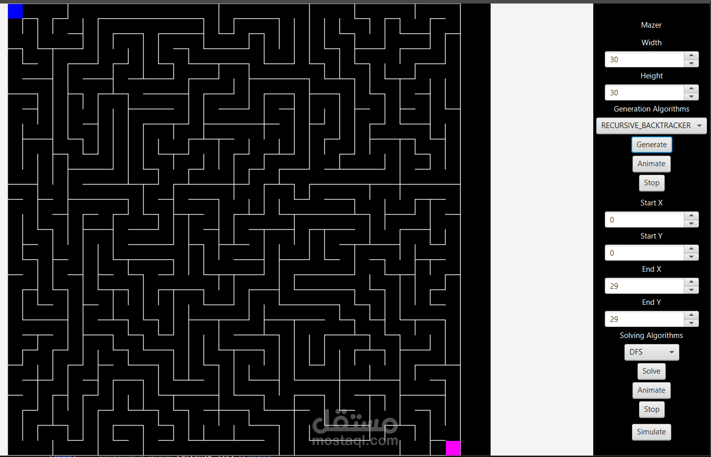 تطبيق توليد وحل المتاهات باستخدام Java وJavaFX