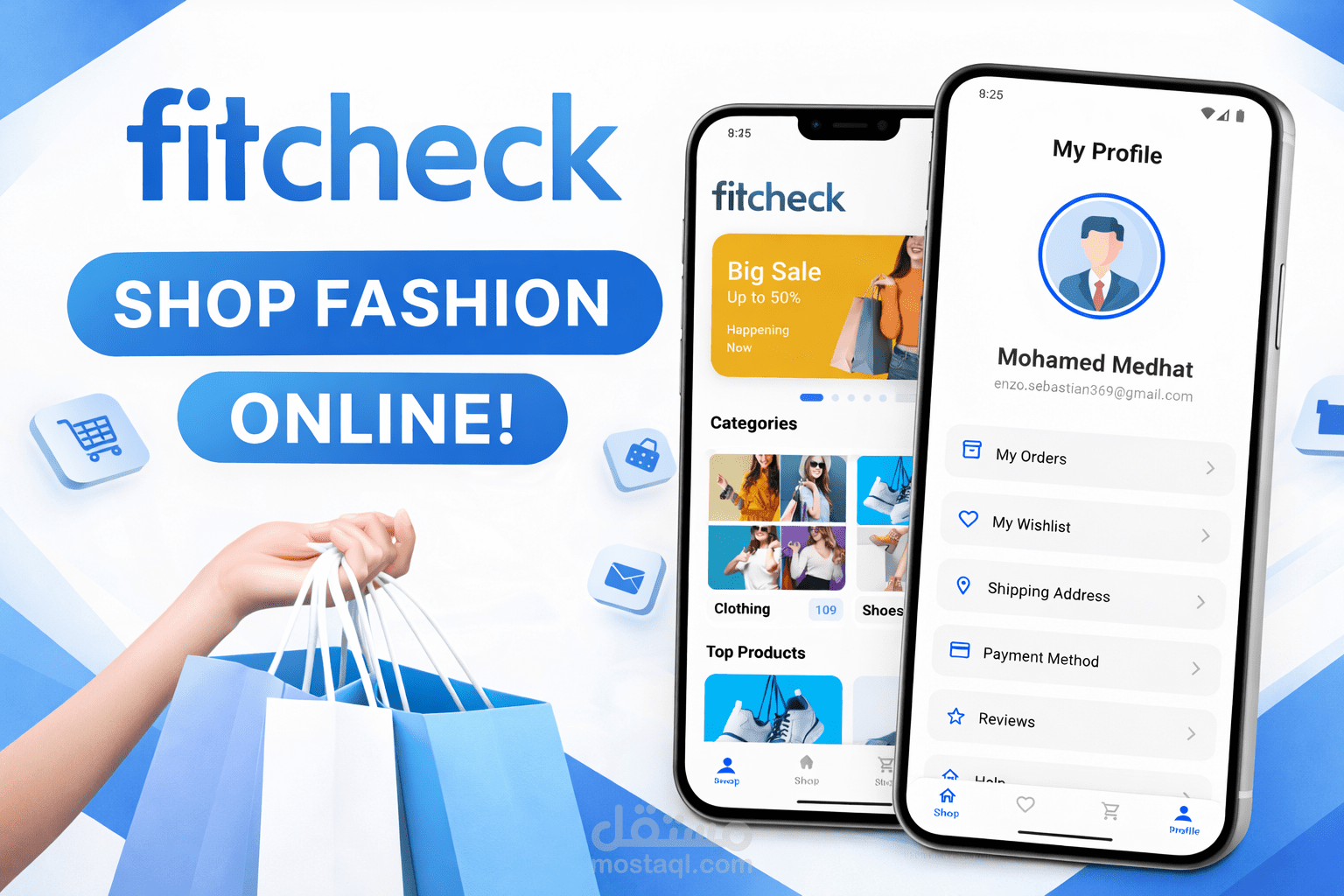 تطبيق (FitCheck) | منصة تسوق أزياء متكاملة بتصميم عصري وأنيق