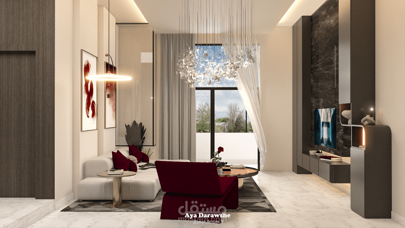 تصميم غرفة معيشة مع منطقة طعام وركن بيانو لڤيلا