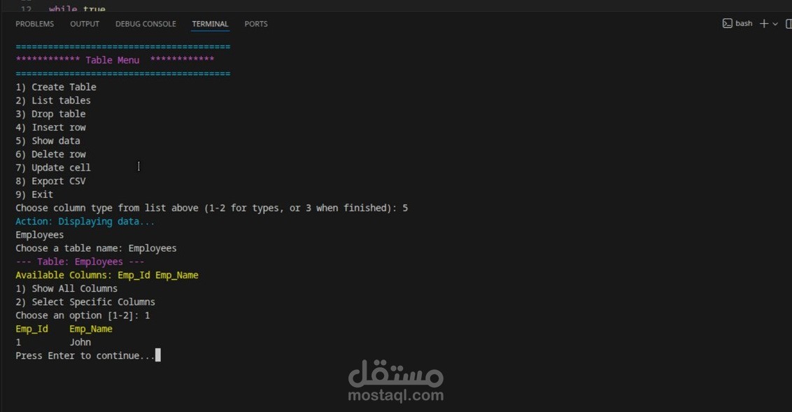نظام إدارة قواعد بيانات متكامل باستخدام Bash Scripting