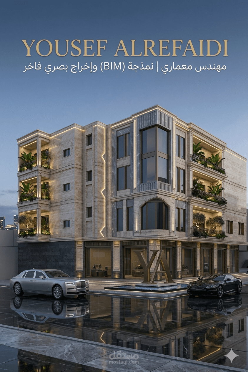 تصميم وإخراج واجهات مبنى إداري سكني بنمط نيو كلاسيكي فاخر - (Full BIM & Visualization)"