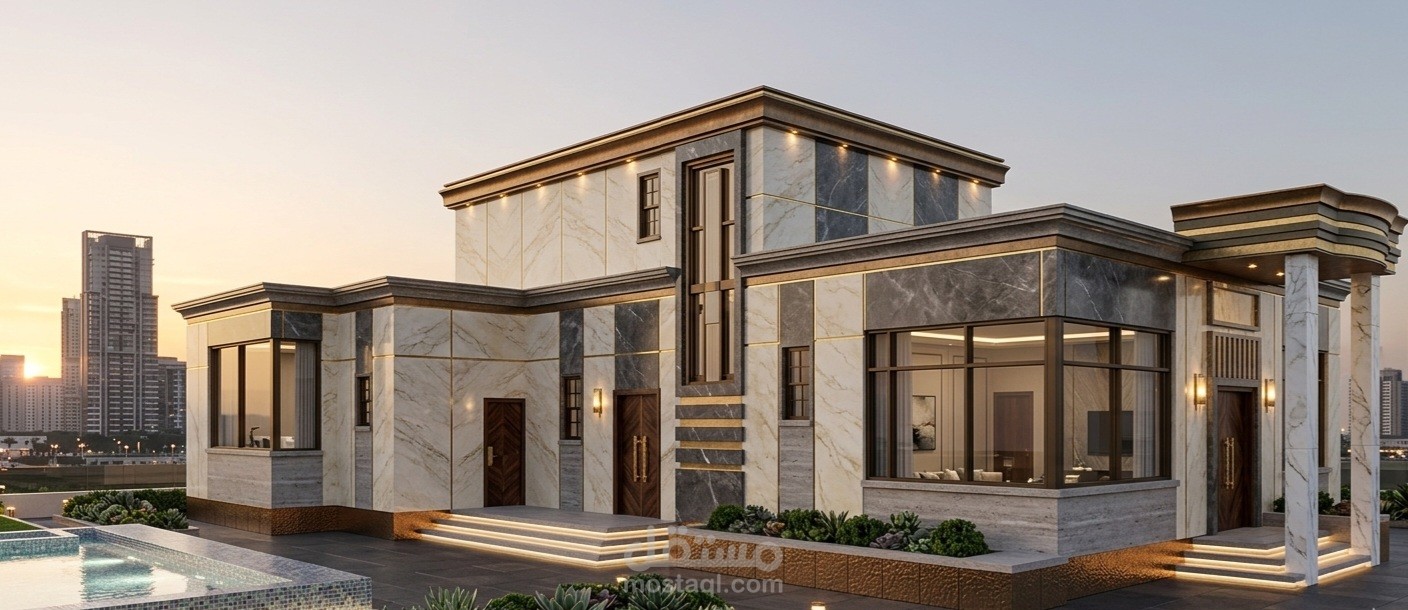 فيله سكنيه  مكونه من دور واحد وملحق . بطراز كلاسيكي فخم