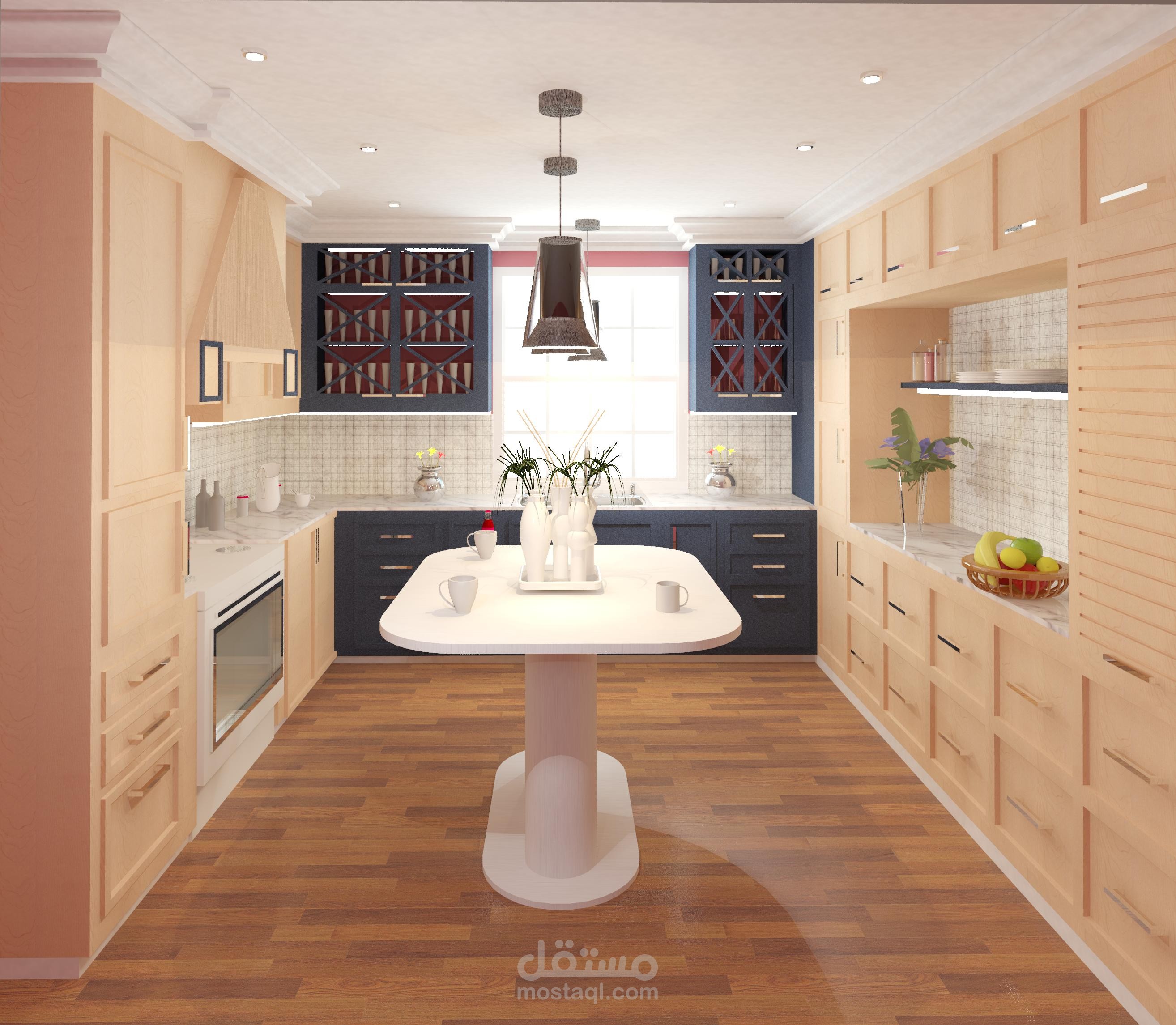 تصميم داخلي لمطبخ طراز مودرن بسيط مع تصميم كافة الابعاد التيتناسب صحة الانسان والتي لا تسبب الاعاقة مع تحقيق مسارات مريحة بين الاجهزة المستخدمة وتحقيق مثلث الحركة المناسب