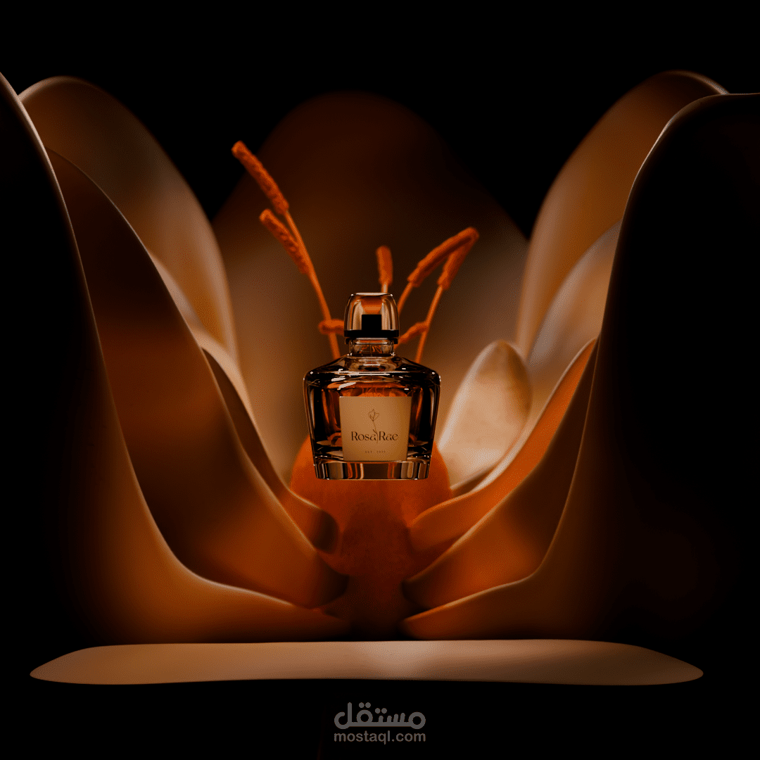 تصميم ثلاثي الأبعاد لقارورة عطر بإضاءة دافئة
