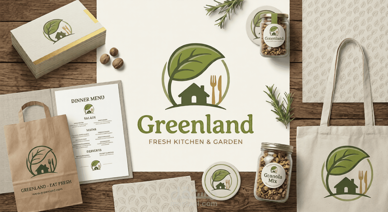 هوية بصرية متكاملة لمطعم "Greenland" – مفهوم الغذاء الصحي والطبيعة