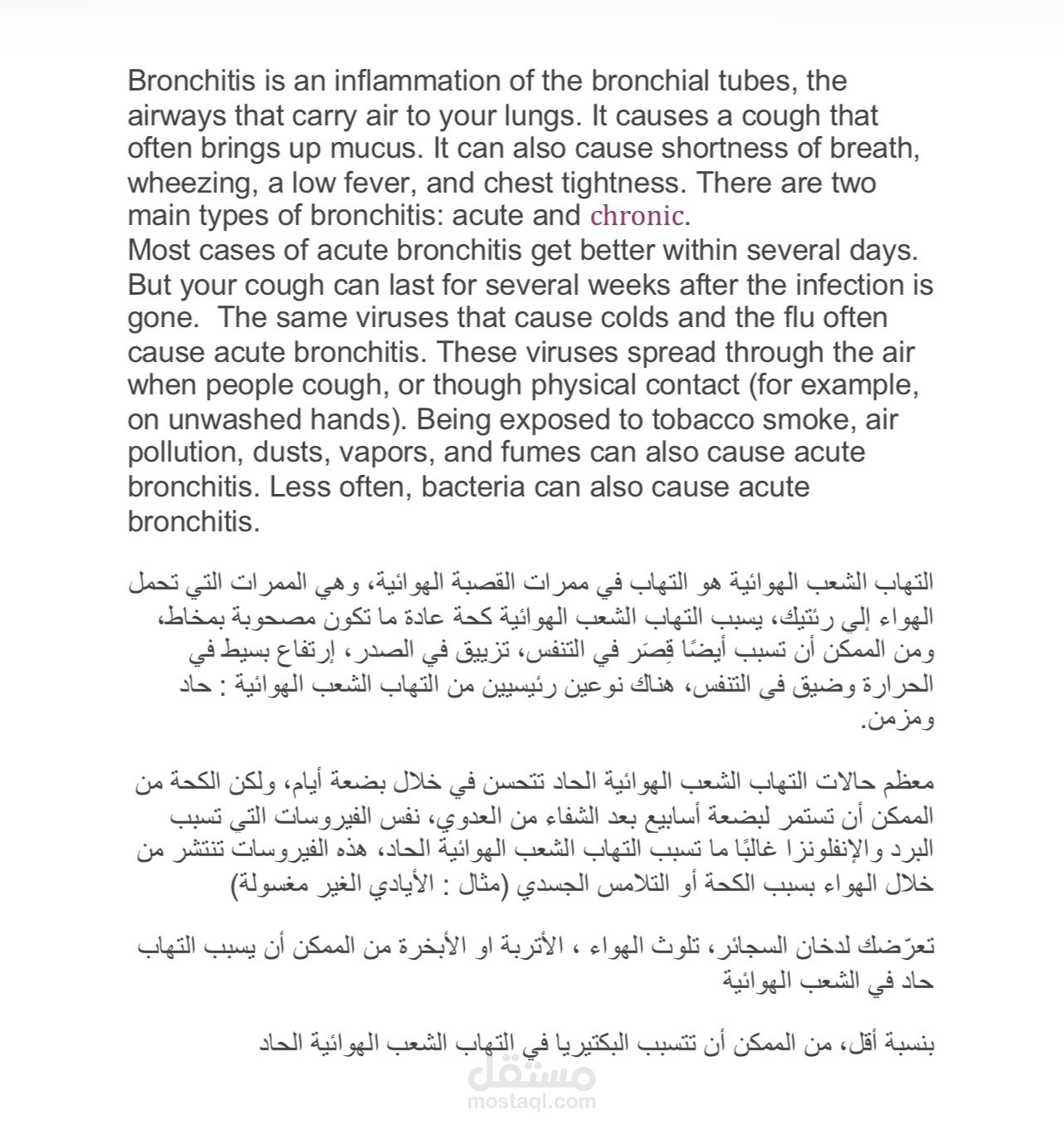 ترجمة طبية قصيرة عن التهاب الشعب الهوائية