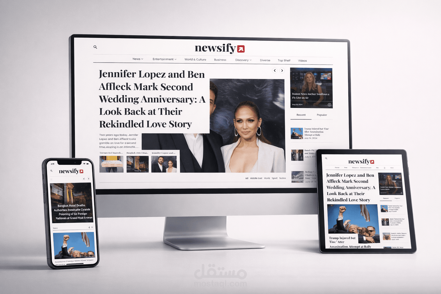 Newsify - منصة أخبار إنجليزية بتصميم تحريري كلاسيكي ولوحة إدارة محتوى