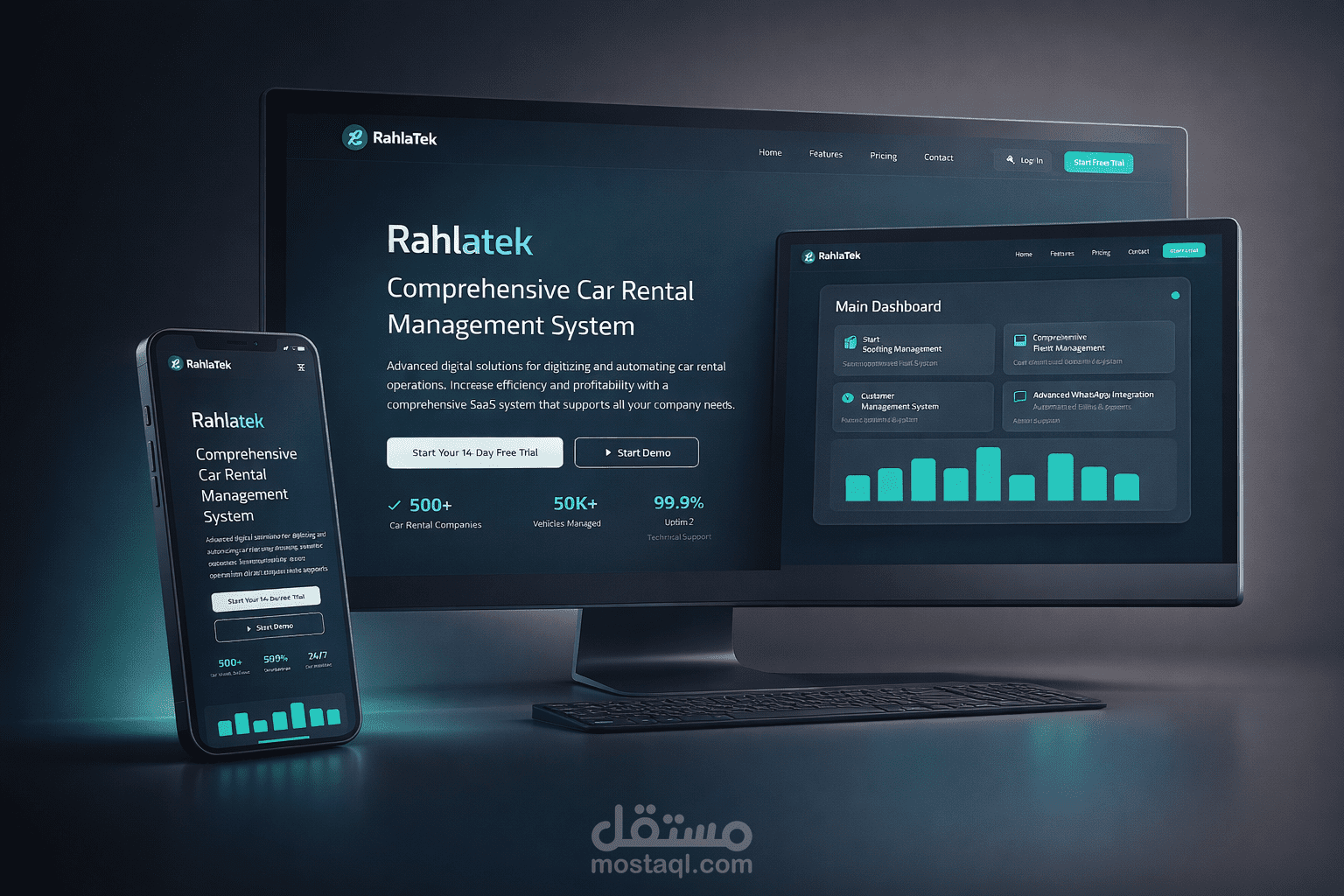 Rahlatek - منصة SaaS لإدارة عمليات تأجير السيارات وإشعارات واتساب