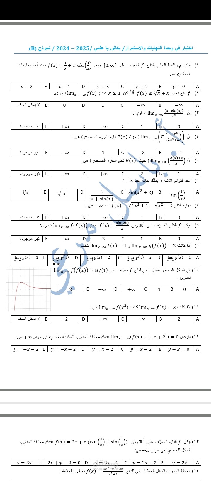 اختبار في وحدة النهايات والاستمرار لطلاب الصف الثالث الثانوي العلمي