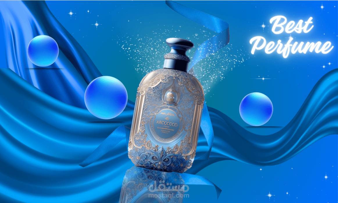 إعلان عطر فاخر بتصميم أنيق باللون الأزرق