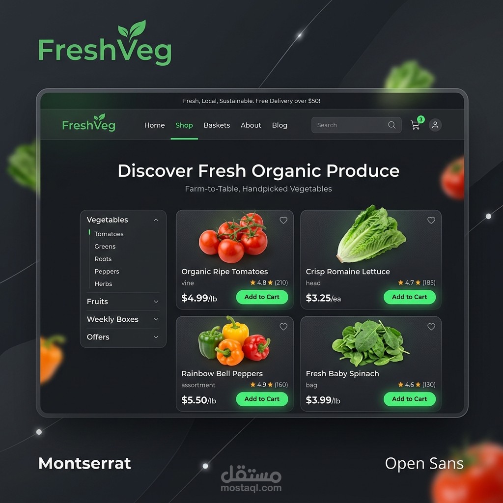 متجر FreshVeg الإلكتروني متكامل الميزات بتصميم عصري وهندسة برمجيات نظيفة (.NET 10)