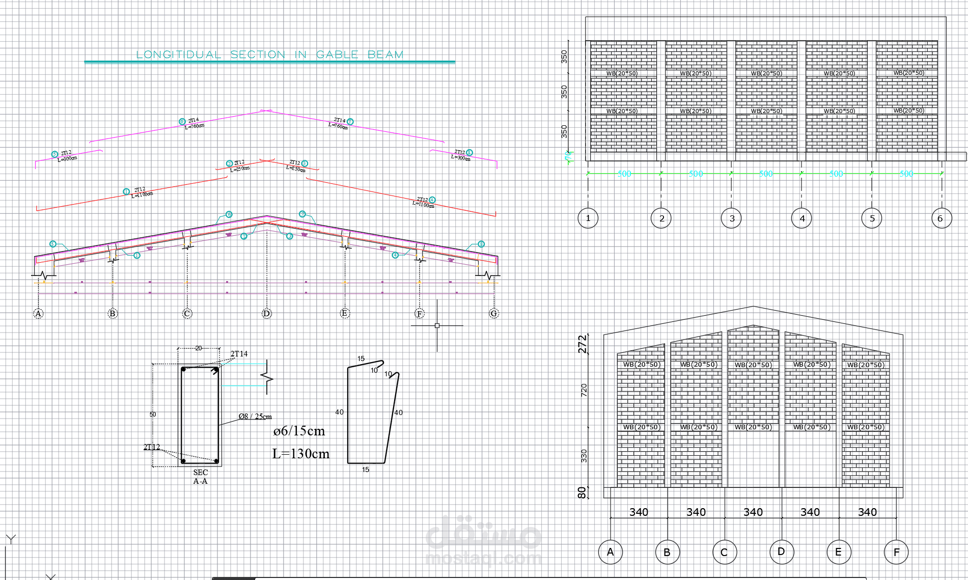 قطاعات إنشائية وتفاصيل تسليح لمشروع مستودع
