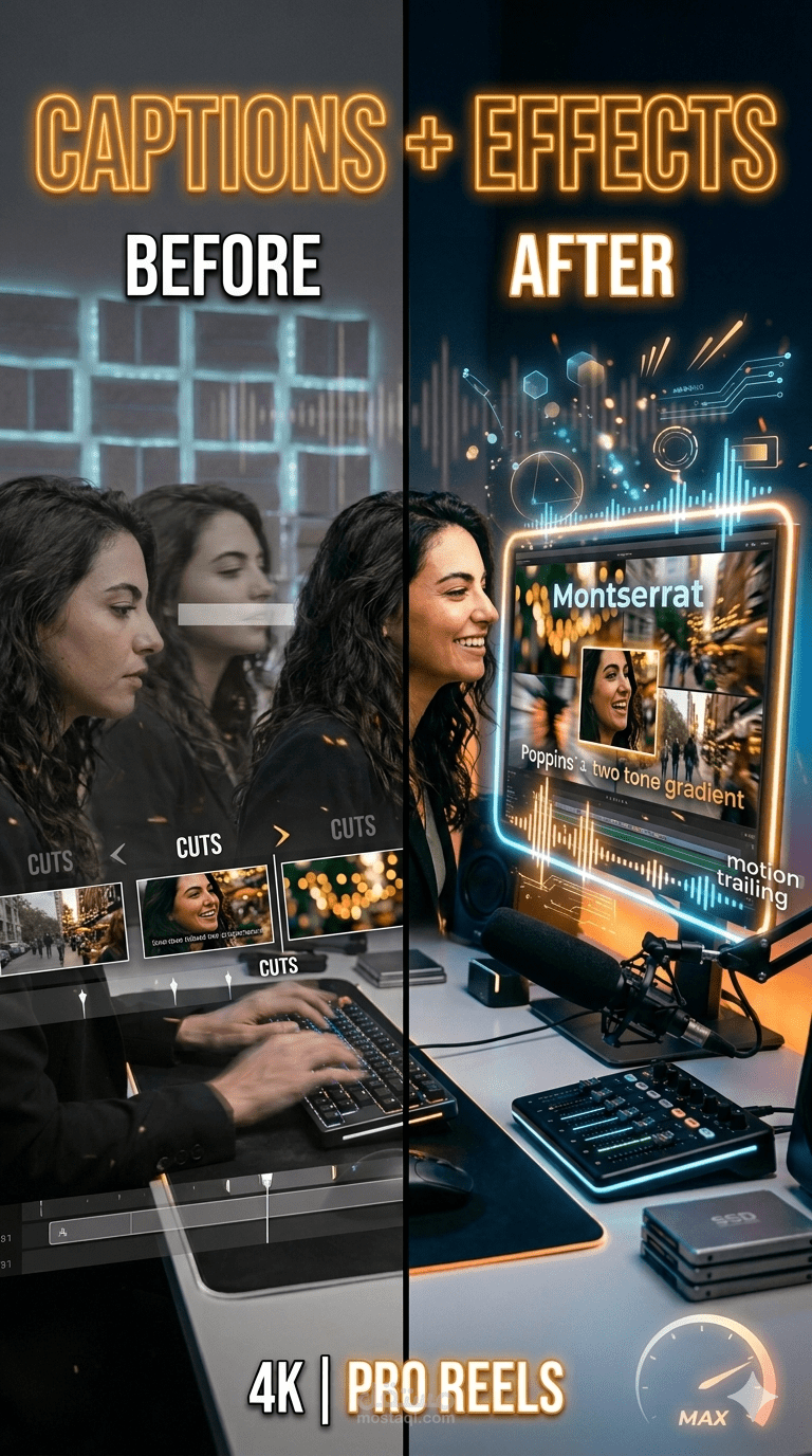 مونتاج فيديو مع مؤثرات بصرية وكابشن احترافي