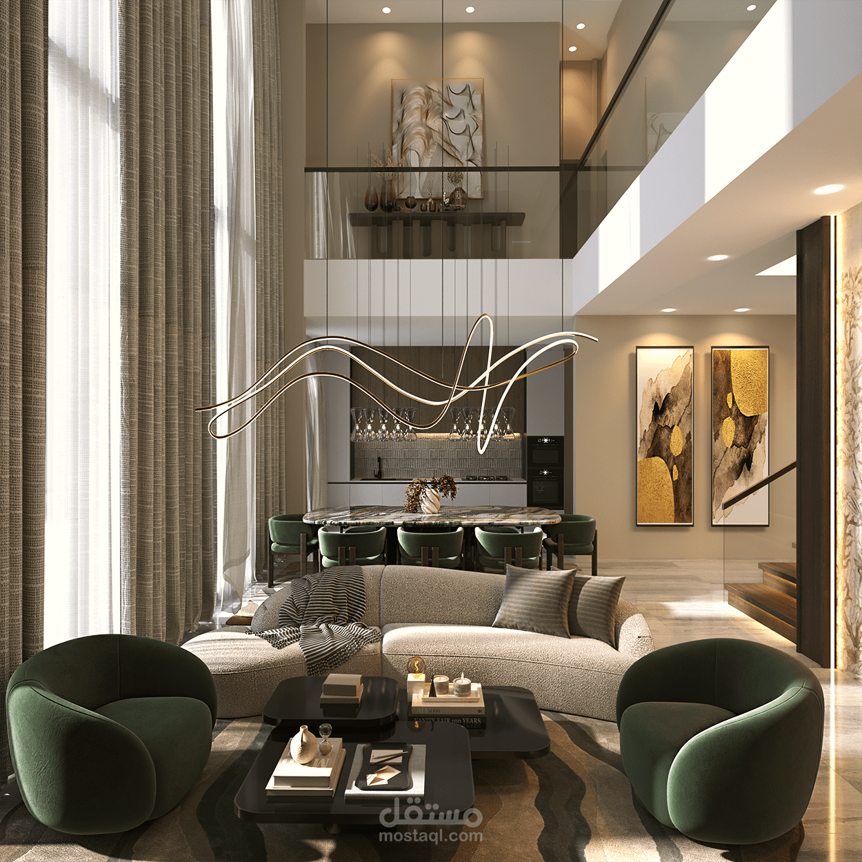 تصميم داخلي لمنطقة معيشة وطعام (Open Plan) بنمط "Luxury Modern"