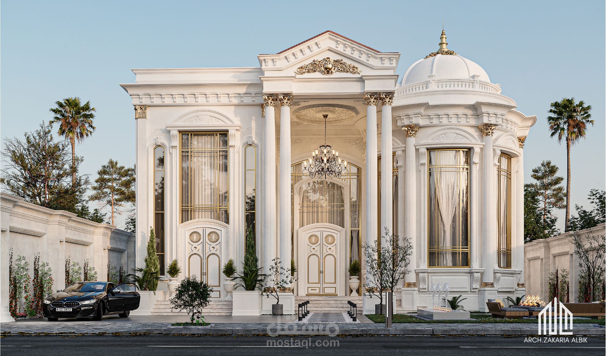 Classic Villa Facade | تصميم واجهة فيلا كلاسيكية بتفاصيل فاخرة وإضاءة واقعية