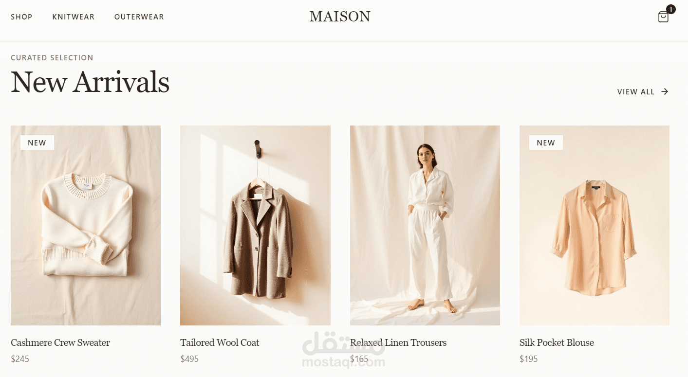 تطوير متجر إلكتروني متكامل بعنوان "Maison" متخصص في الأزياء النسائية، يتميز بتصميم عصري وتجربة مستخدم سلسة ومتجاوبة بالكامل مع مختلف الأجهزة (Mobile Responsive).