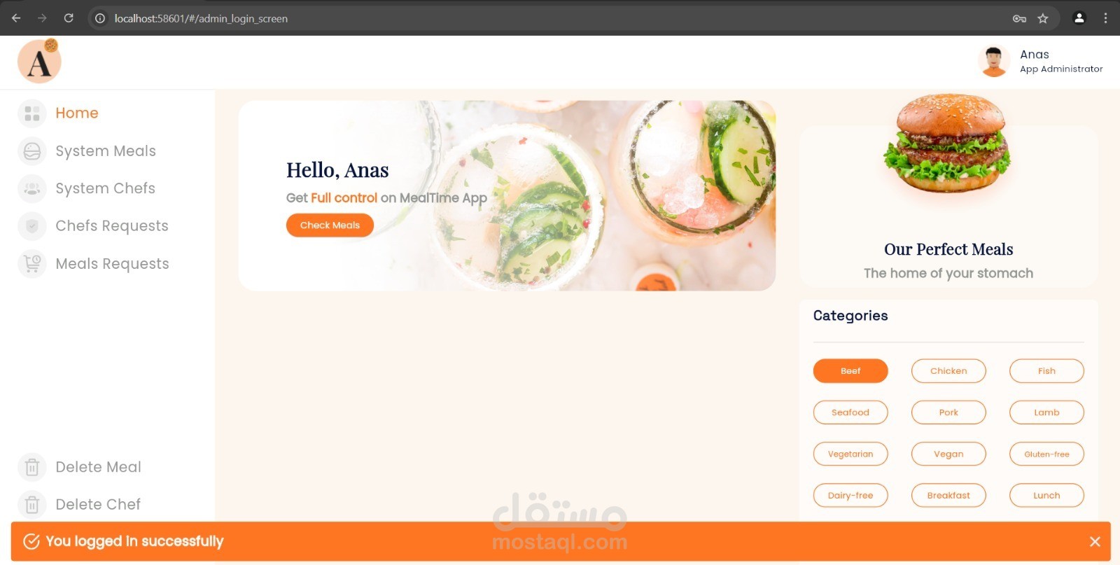 لوحة التحكم في تطبيقات الوجبات والمطاعم