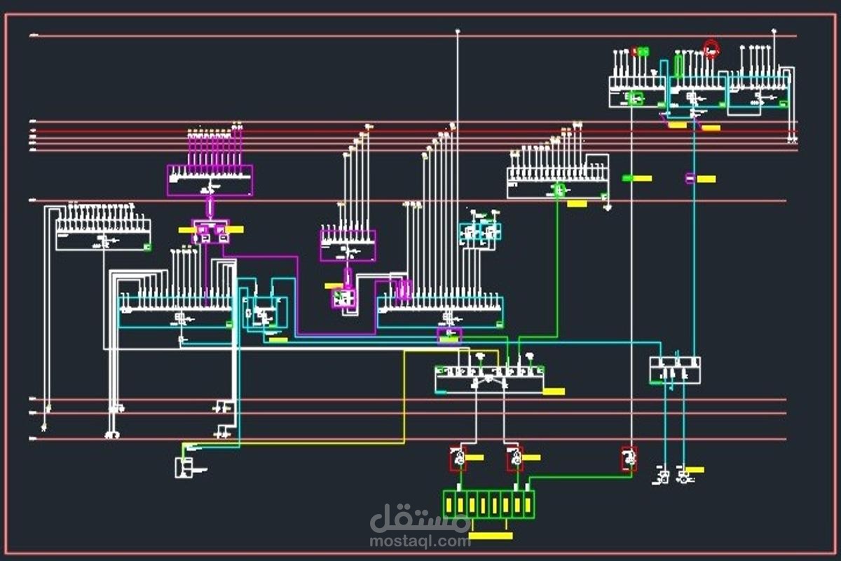 تصميم مخطط أحادي الخط (Single Line Diagram - SLD) لنظام كهربائي باستخدام برنامج AutoCAD.