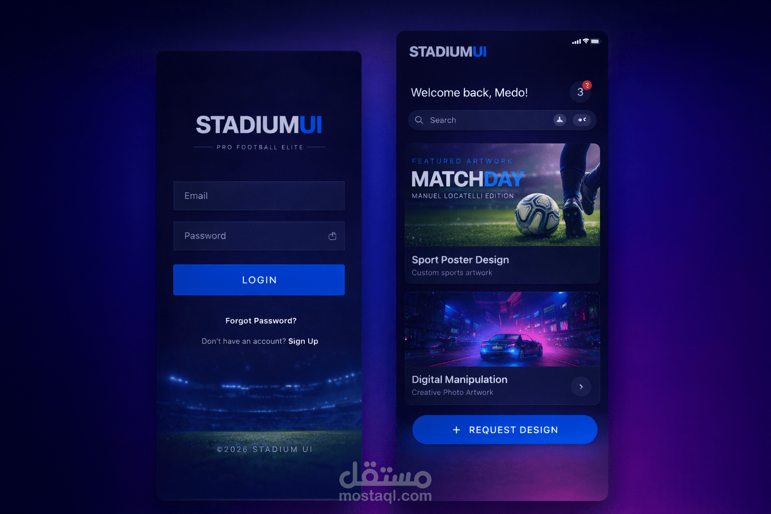 تصميم واجهة مستخدم (UI/UX) لتطبيق رياضي بنظام Dark Mode.