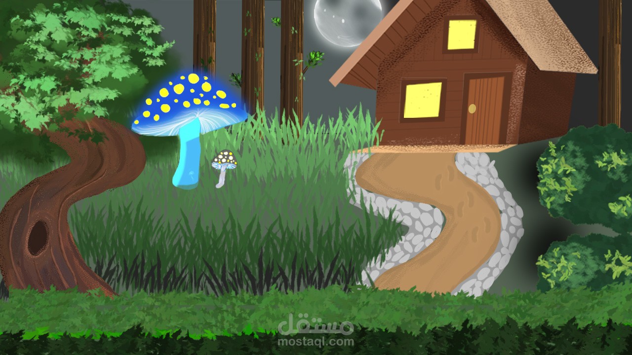 Digital Painting on photoshop for a forest with a glowing mushroom.