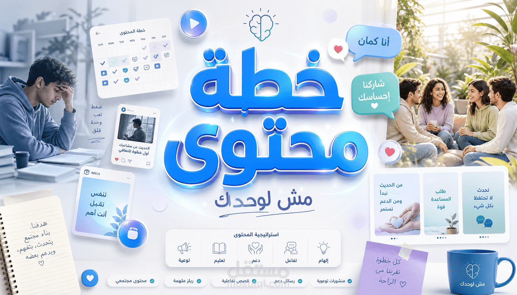 خطة محتوى إبداعية لمبادرة "مش لوحدك" لدعم الصحة النفسية.