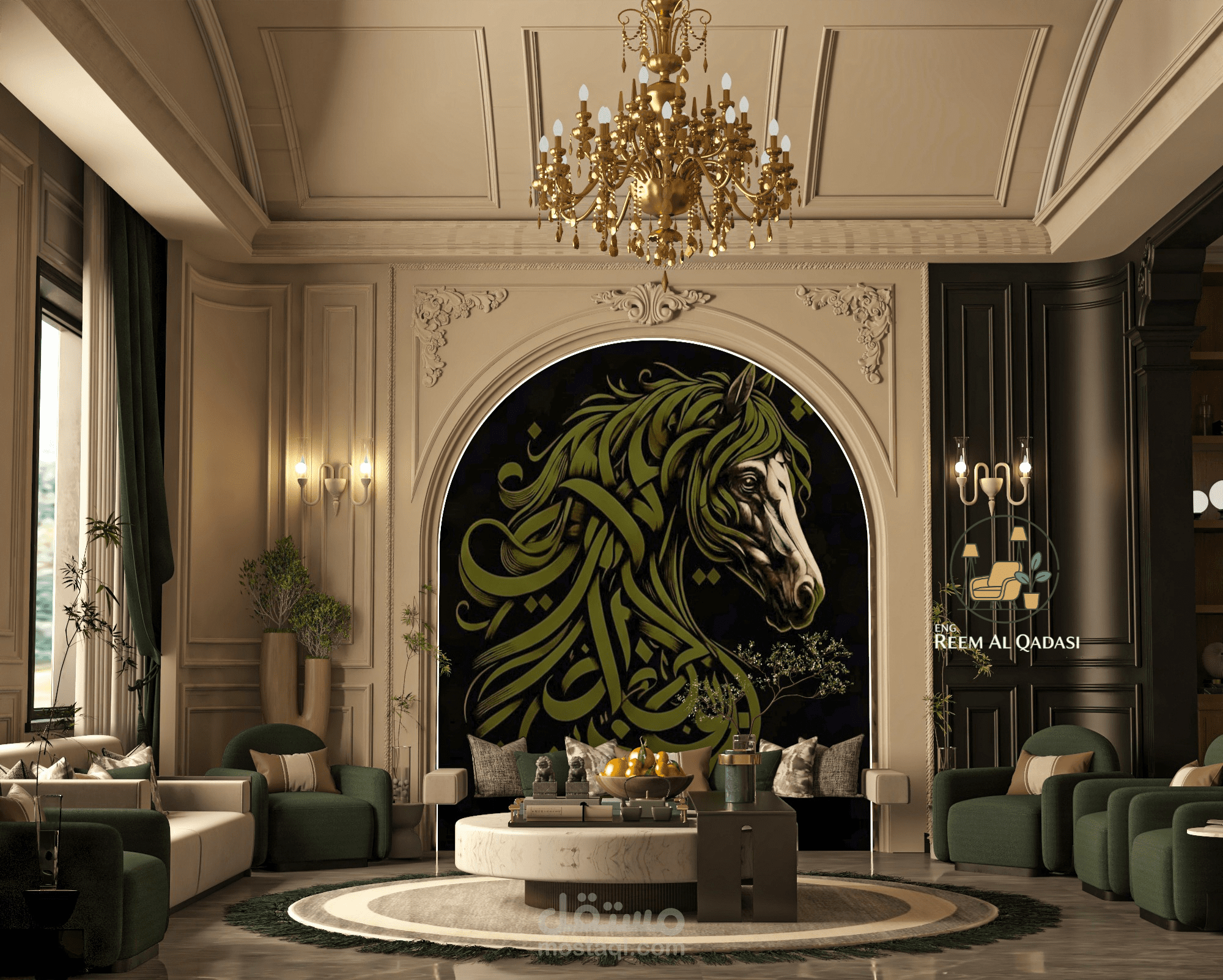 تصميم داخلي ثلاثي الأبعاد لفراغ إستقبال بأسلوب عصري