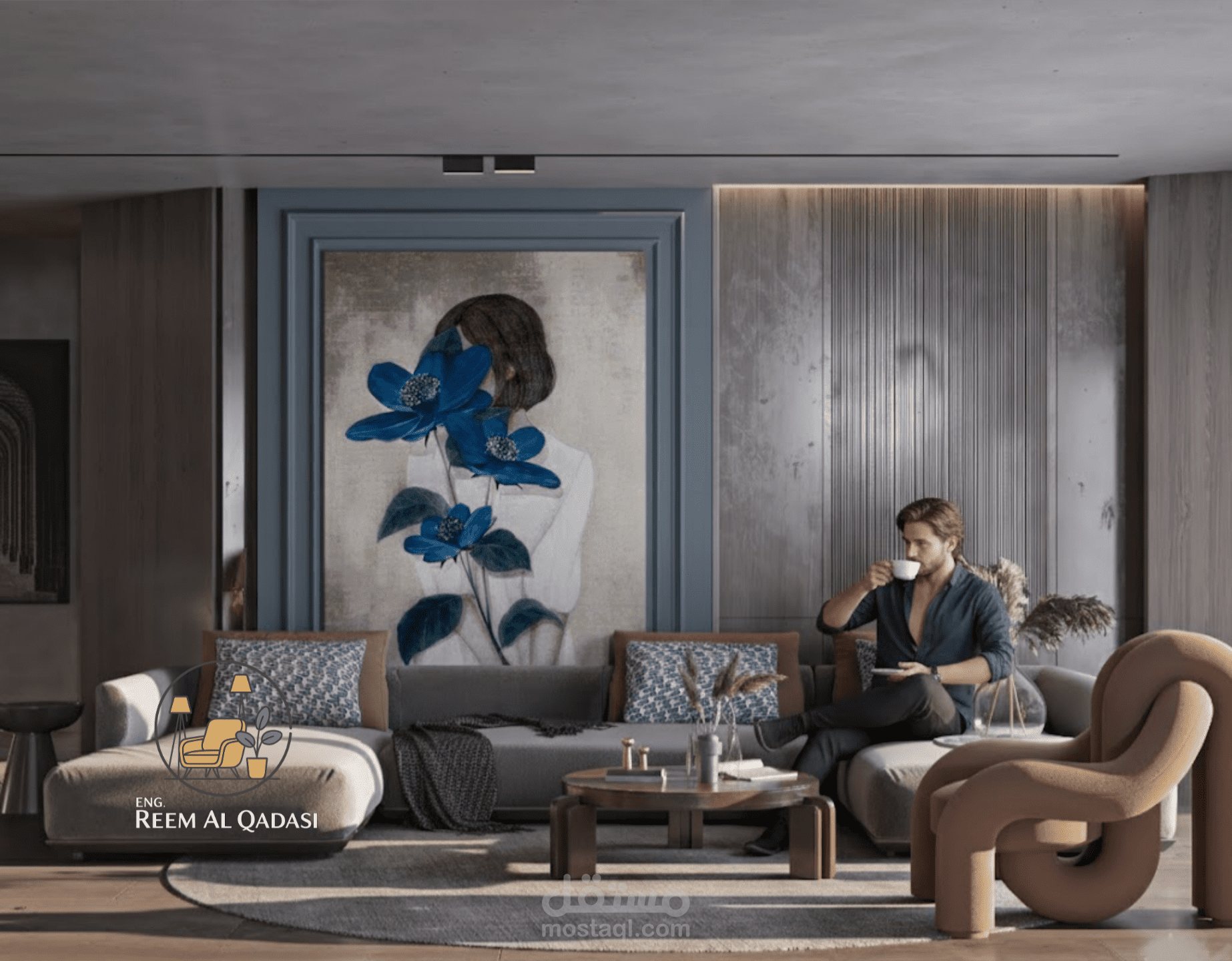 تصميم داخلي ثلاثي الأبعاد بأسلوب عملي وعصري لمنطقه جلوس ومطبخ