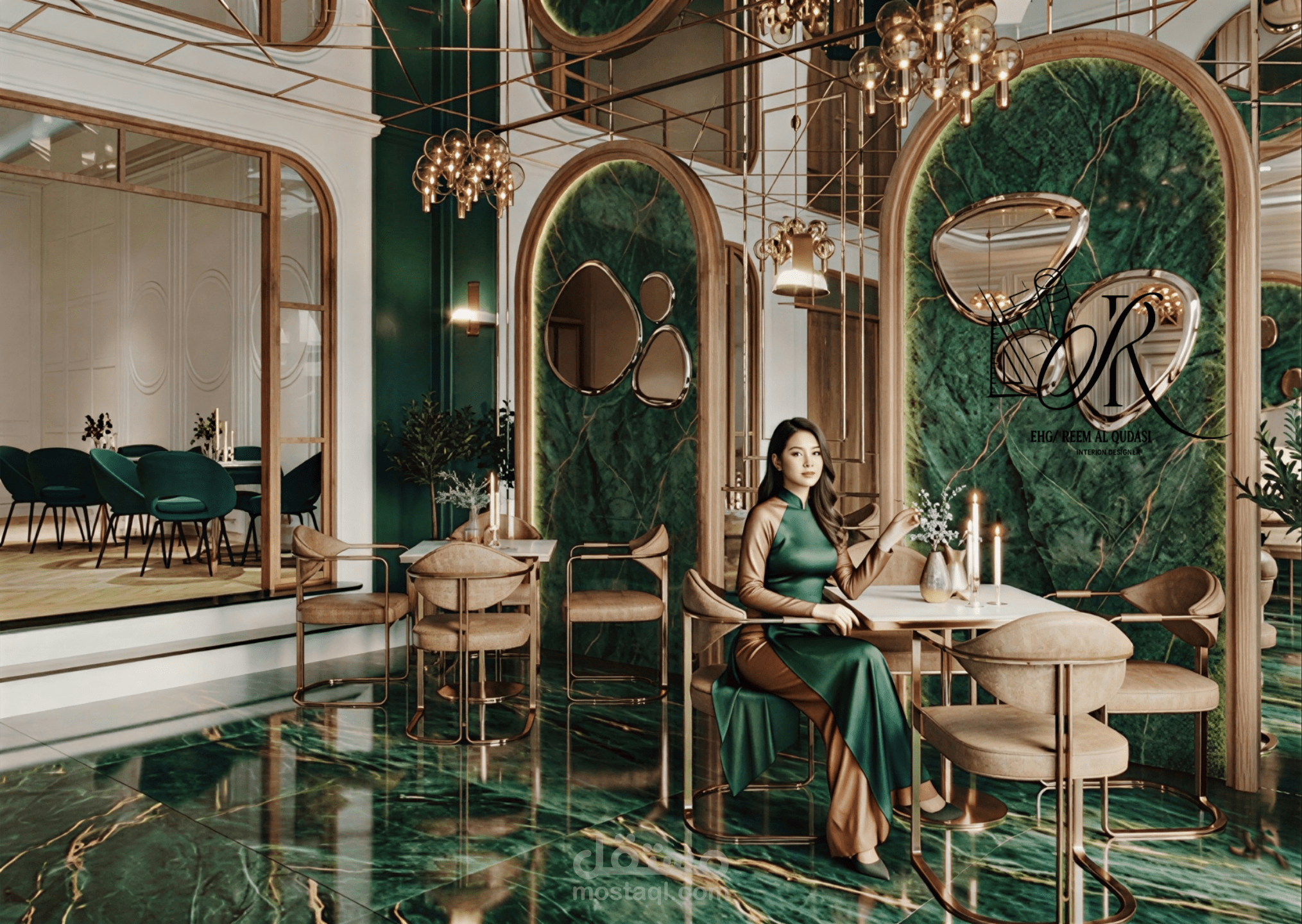 تصميم مطعم بنمط يجمع بين الأناقة الملكية واللمسات العصرية.