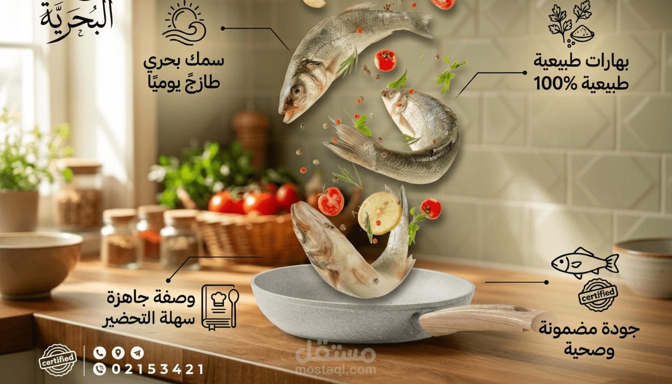 تصميم سوشيال ميديا إبداعي لمطعم "البحرية" (فنون الدمج الرقمي)