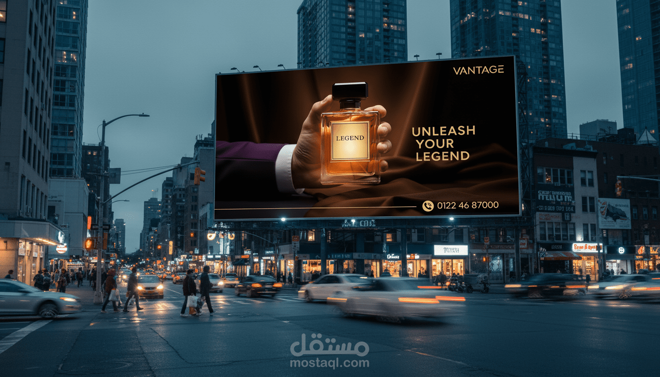 تصميم إعلان بيلبورد (Billboard) احترافي لعطر Vantage الفاخر
